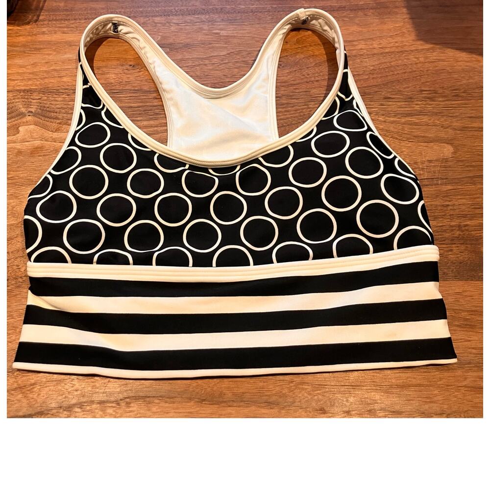 DKNY Swim Top Black Cream Circle Women's Medium Stripes Geometric Racerback